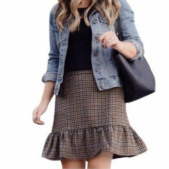 J. Crew skirt Houndstooth flounce mini brown plaid wool blend blogger favorite - Picture 1 of 8